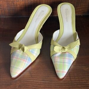 Y2K Etienne Aigner Pastel Green Plaid Mules 90s era Leather & Fabric